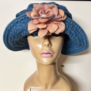 Arlin Vintage/retro style Floppy Blue Denim Hat with Pink Flower Accent 80s/90s
